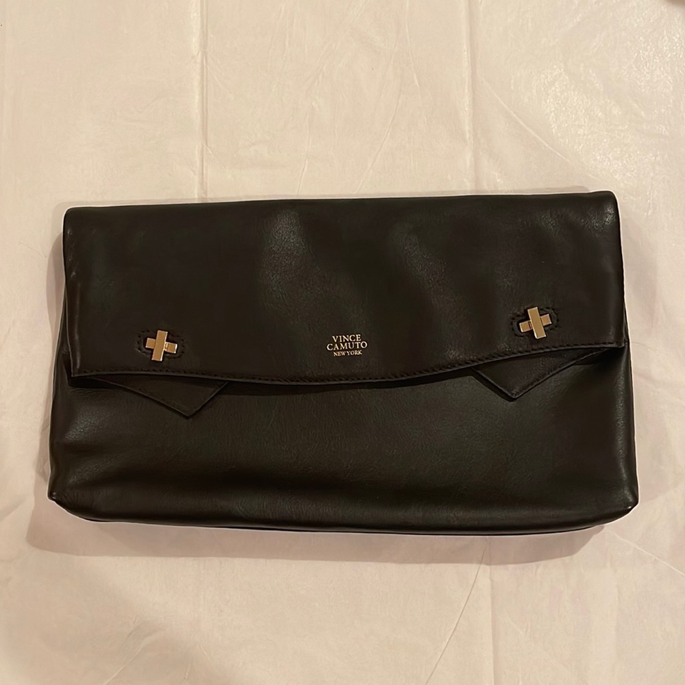 EUC Vince Camino Black Leather Clutch Gold Hardware